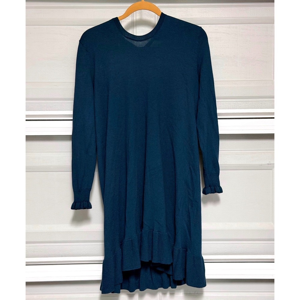 LOFT Sweater Dress Petite size LP Teal Blue Wool Blend Tie Back Ruffle Flounce